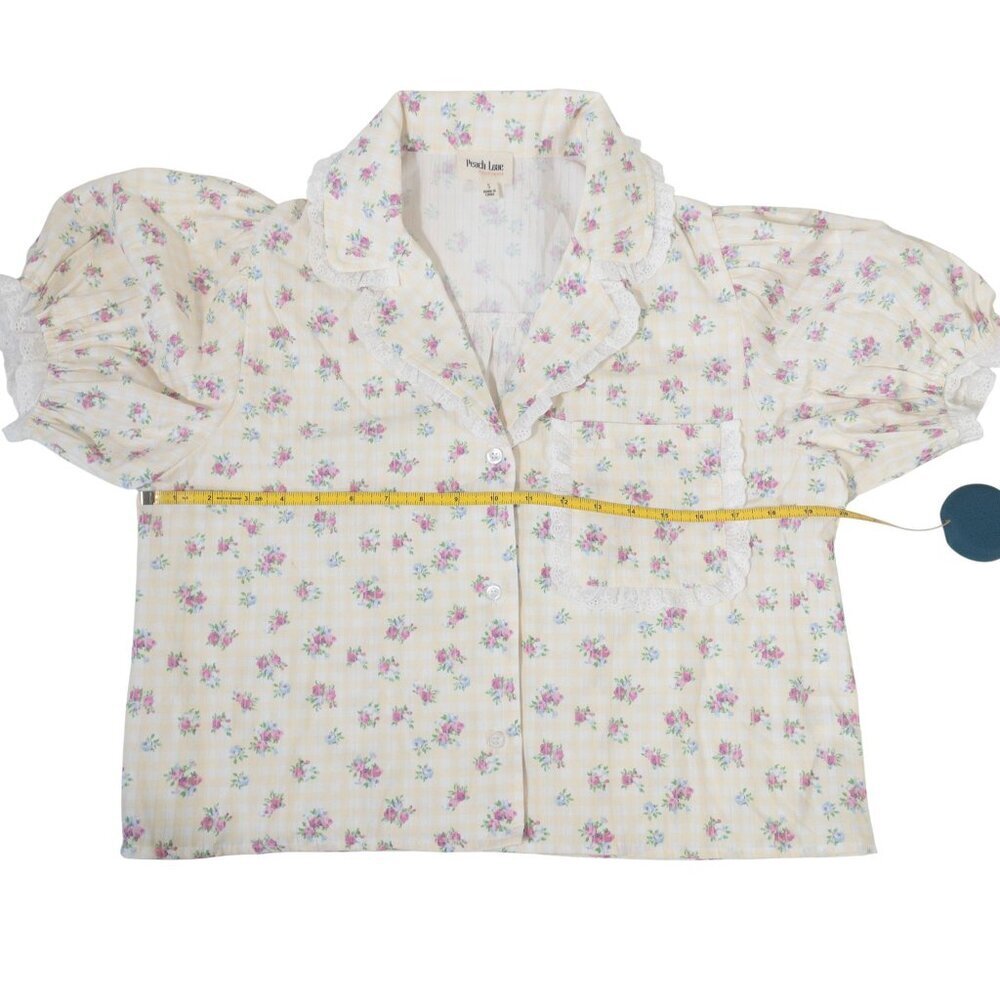 Cottage Core Peach Love Yellow and White Gingham Floral Top SZ S Puff Sleeve - Picture 3 of 13